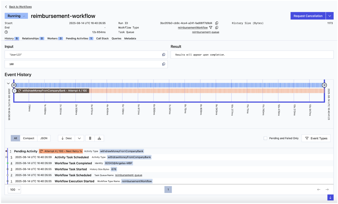 Activity Retries in Temporal Web UI